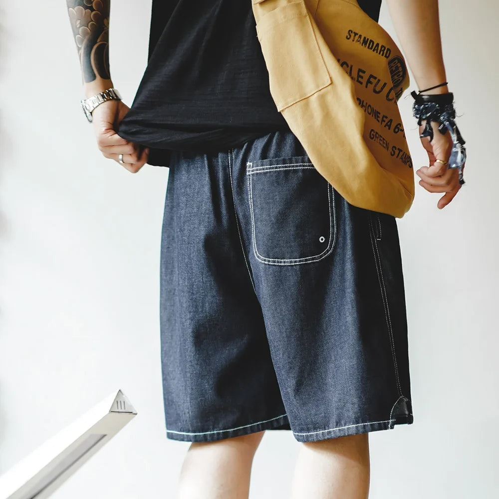 Vintage Cool-Touch Denim Shorts Men's Summer Lightweight Straight Leg Elastic Waist Jeans Shorts Breathable Casual Bottom