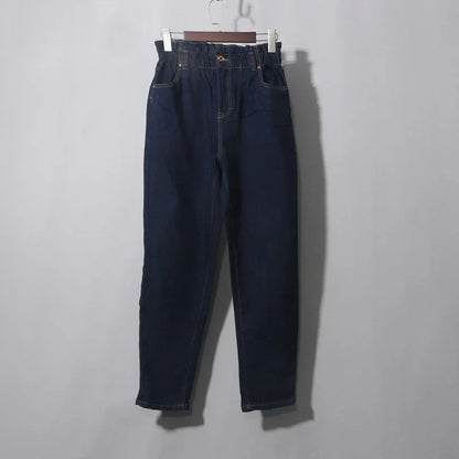 Casual High Waist Cotton Stretch Denim Capri Pants with Pleated Hem Elastic Waist Ladies Faion Spring Autumn Wear