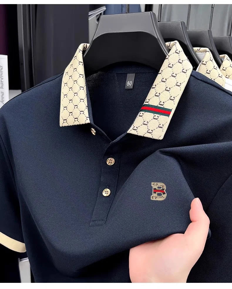 Luxury brand B letter embossed short sleeve polo shirt men summer lightweight breathable new fashion color blocked lapel T-shirt