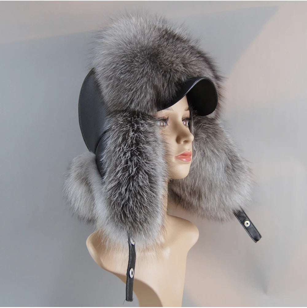 100% Real Fox Fur Hat Women's Russian Ushanka Aviator Trapper Snow Skiing Hat Caps Earflap Winter Raccoon Fur Bomber Hat