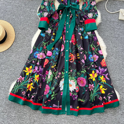 Retro Faion Print Stand Collar Single Button Women's Dr Waist Cinched Floor Length Skirt Korean Sle High Waist Long Sl...
