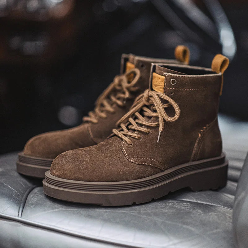 Maden New Vintage Brown Winter Work Boots Casual Suede High-top Boots Thick Soles Round Toes Shoes Men's Shoelaces Boots
