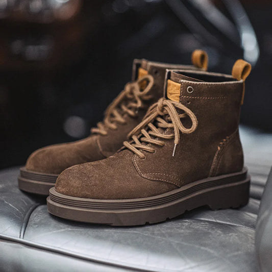 Maden New Vintage Brown Winter Work Boots Casual Suede High-top Boots Thick Soles Round Toes Shoes Men's Shoelaces Boots