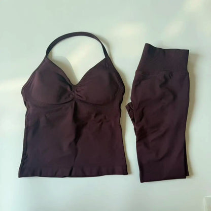 2 Pieces Set Leggings Set Women Backless Tank Tops High Waist Scrunch Gym Suit Fitness Clothes Outfit Workout Yoga Set