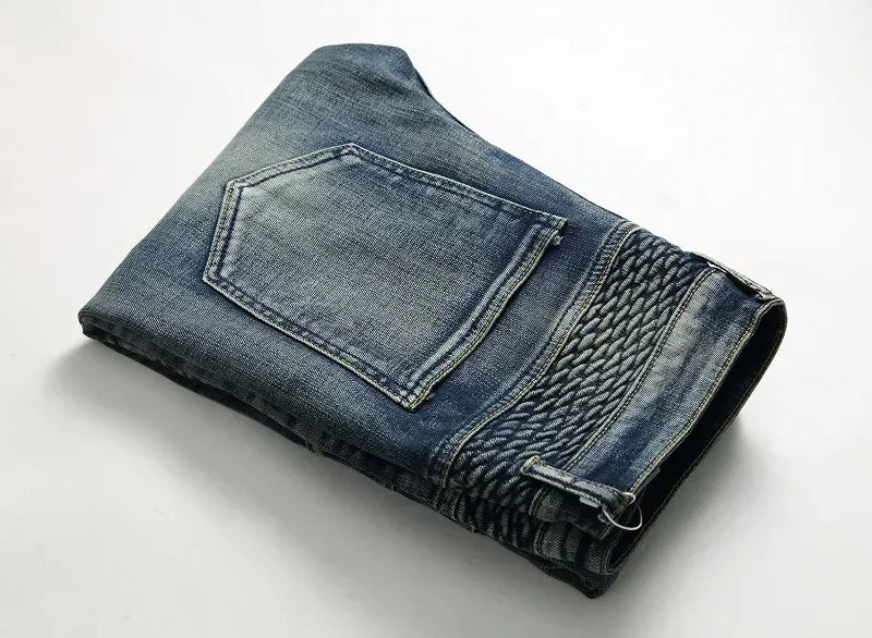 Men's New Casual Motorcycle Jeans Hip Hop Street Riding Stretch Slim Fit Straight Pants Patchwork Fashion Denim Trousers Male