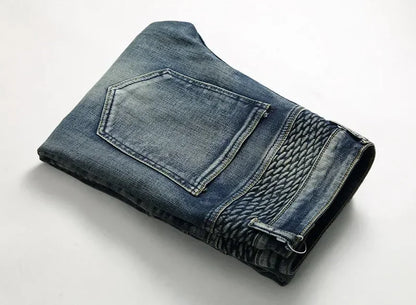 Men's New Casual Motorcycle Jeans Hip Hop Street Riding Stretch Slim Fit Straight Pants Patchwork Fashion Denim Trousers Male
