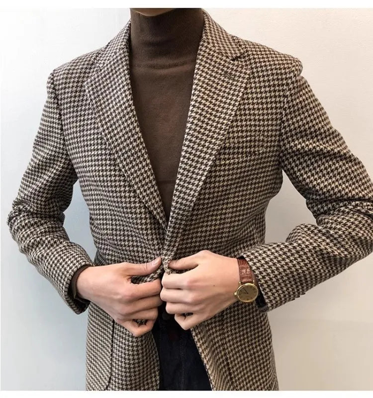 Autumn and Winter Casual Men's Retro Tweed Houndstooth Suit Men's Plus Size Outwear British Gentleman Wool Suit Trendy