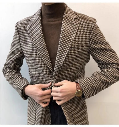 Autumn and Winter Casual Men's Retro Tweed Houndstooth Suit Men's Plus Size Outwear British Gentleman Wool Suit Trendy