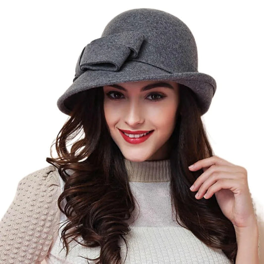 Vintage Style Wool Felt Bucket Hat Classic Design Elegant Shape Vintage Cloche Fedora Cap with Bow Decoration Female Bowler Hat