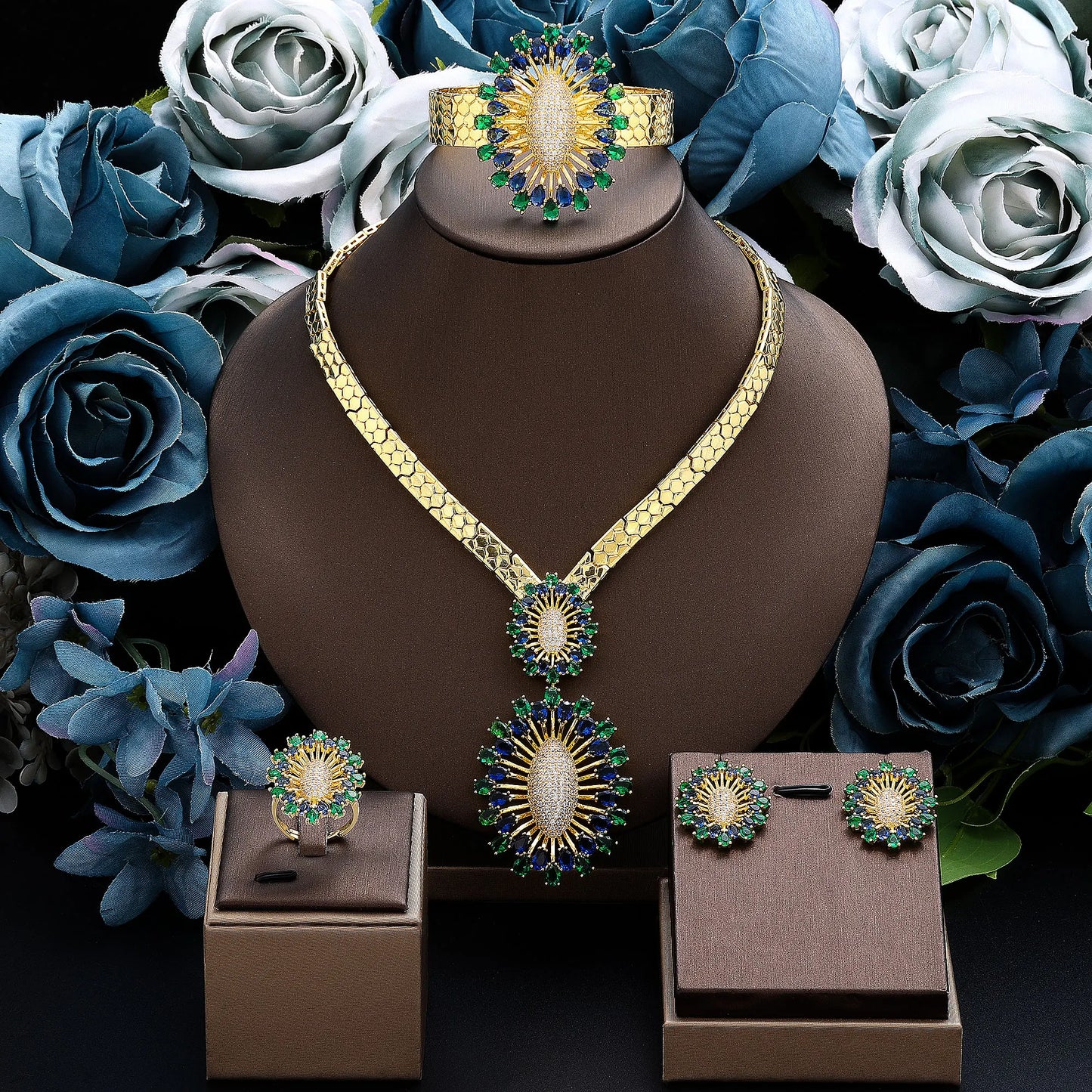 2024 Bridal Wedding Jewelry Set for Women Gold Plated Nigerian African 4pcs Jewelry Necklace Earrings Set Green Red CZ Zirconia