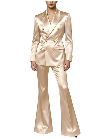 Men's Double Breasted Satin Suit Set 2 Piece Notch Lapel Gold Button Blazer Flare Pants Formal Wedding Prom Party Groom Outfit