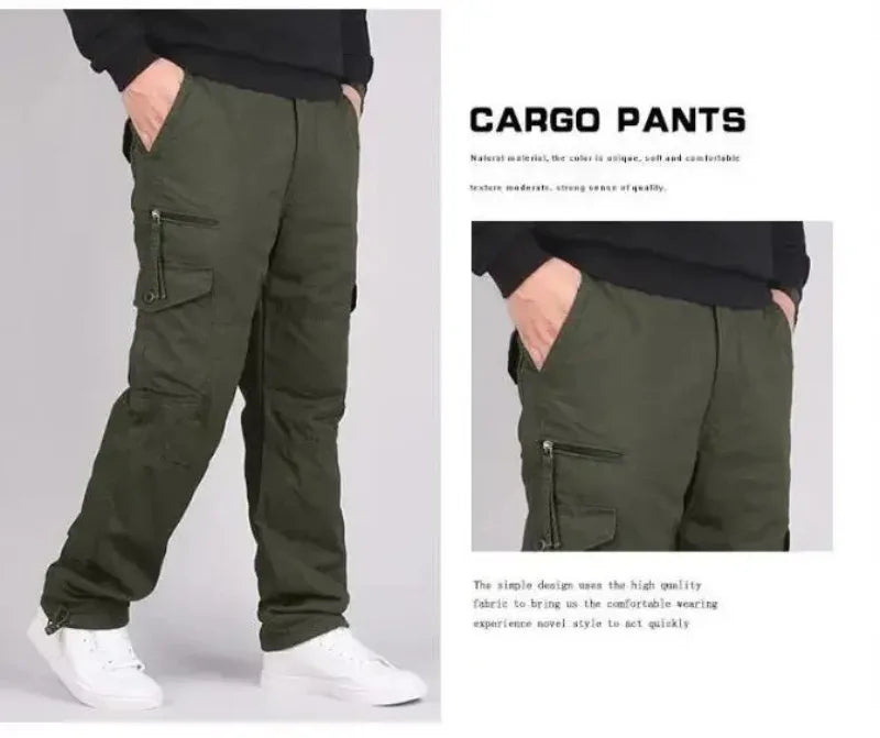 Men's Winter Thicken Fleece Cargo Pants Double Layer Straight Pants Men Casual Cotton Tactical Baggy Pant Warm Trousers S-5XL