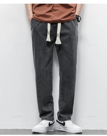 High Quality Fully Elastic Waist Men's Jeans Cotton Soft Drawstring Straight Pants Korea Casual Trousers Male Plus Size S-5XL
