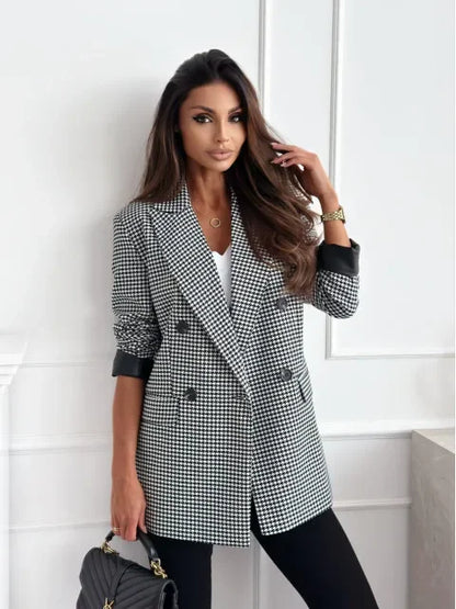 Autumn Winter New Style Women's Suit Coat Long Sleeve Double Buttoned Outerwear Top Cross-Border Fashion Polyester Fiber