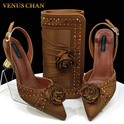 Elegant Rhinestone-Embellished Brown Heeled Shoes and Handbag Set for Women with Floral Decoration – Perfect Small Size Fashion