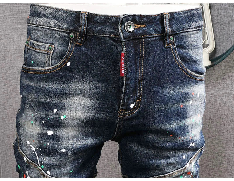 Fashion Streetwear Men Jeans Retro Black Blue Elastic Slim Fit Ripped Jeans Men Spliced Designer Embroidery Hip Hop Denim Pants