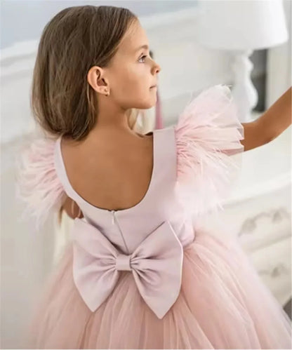 Customized Flower Girl Dress for Wedding Glitter High Waist Short Sleeve Floor Length Elegant Kids Birthday First Communion Gown