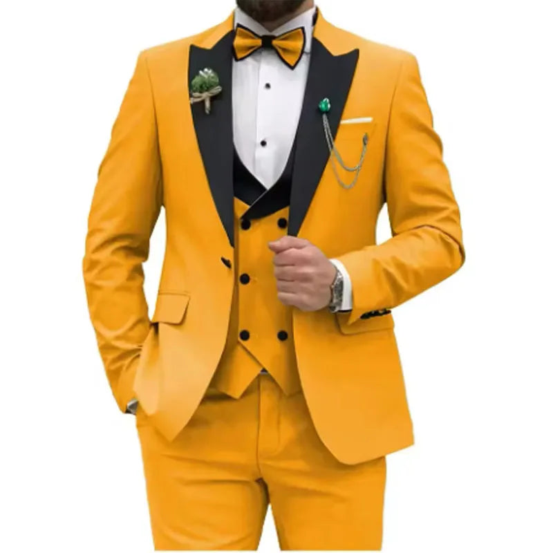 Slim Fit Men Suits Double Breasted Groom Formal Business Male Blazer Set Peak Lapel Party Wedding Tuxedo (Jacket+Vest+Pants)