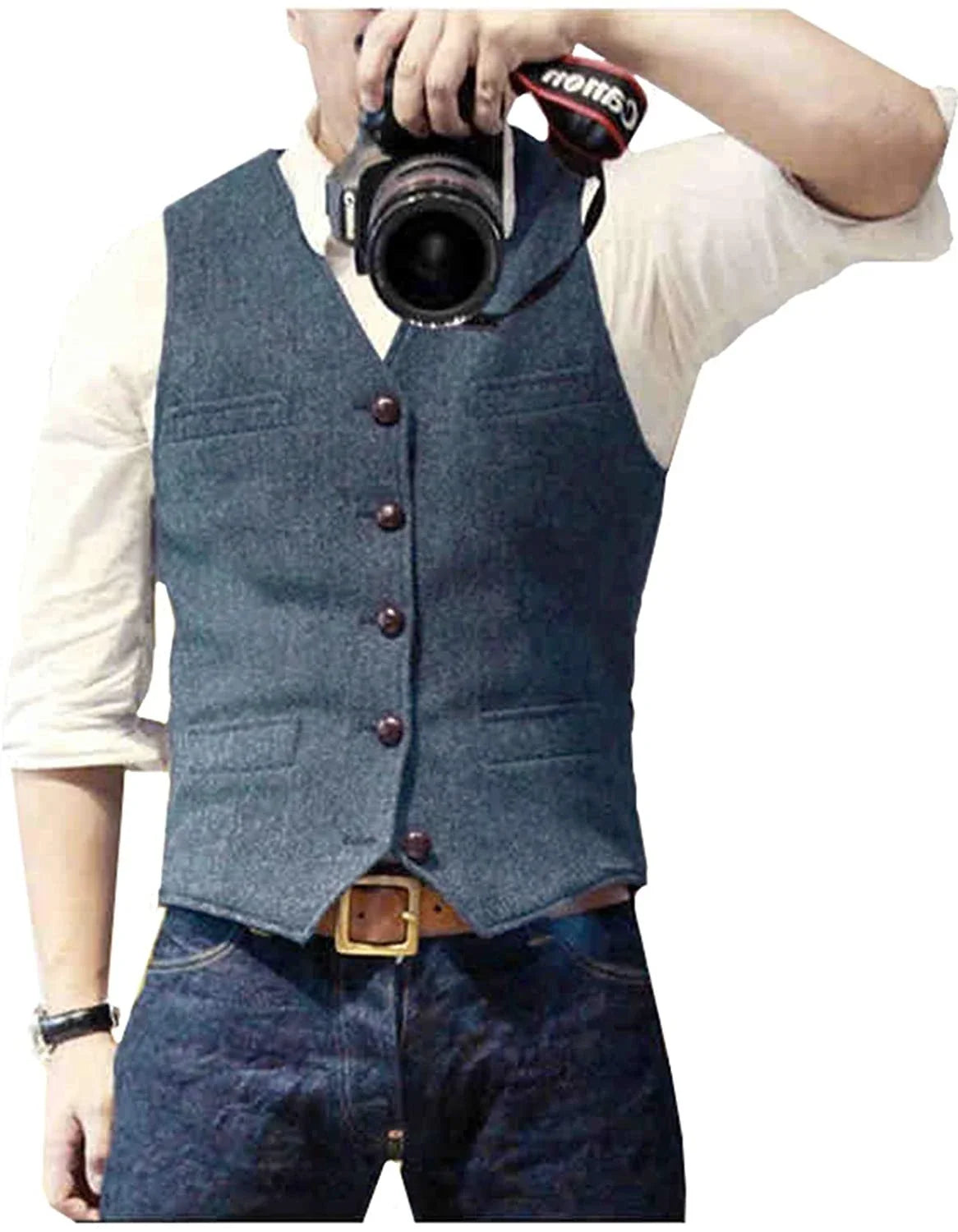 Men's Casual Classic Suit Vest V Neck Herringbone Tweed Slim Fit Business Waistcoat For Wedding