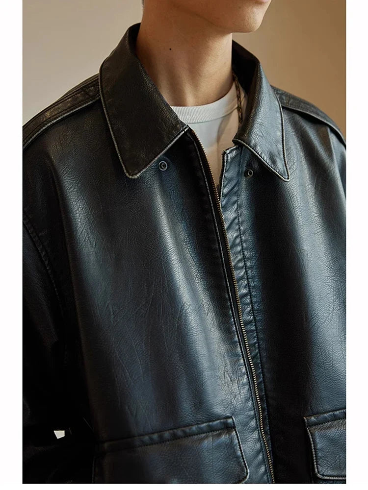 Spring Cool Handsome Oversized Vintage Distressed Black Pu Leather Jacket Men Pockets Luxury Designer Clothes 2024