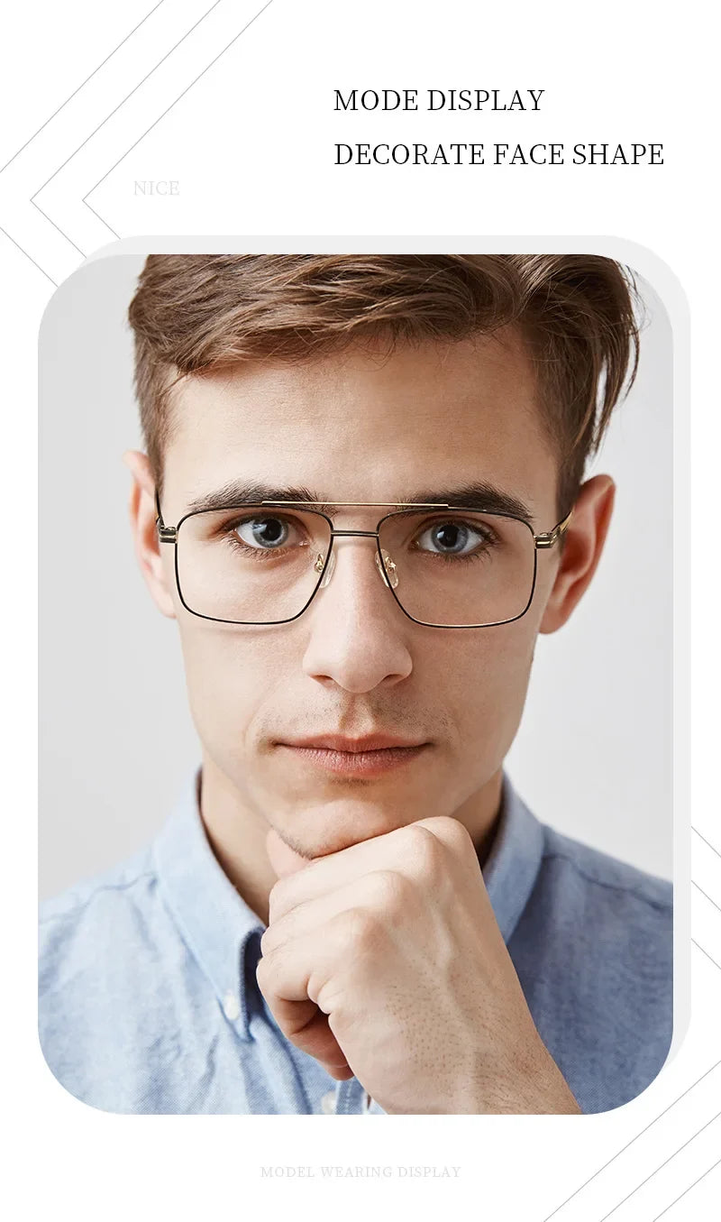 Classic Business Men's Metal Geometric Square Frame Eyewear Customizable Prescription Blue Light Protection Eyewear