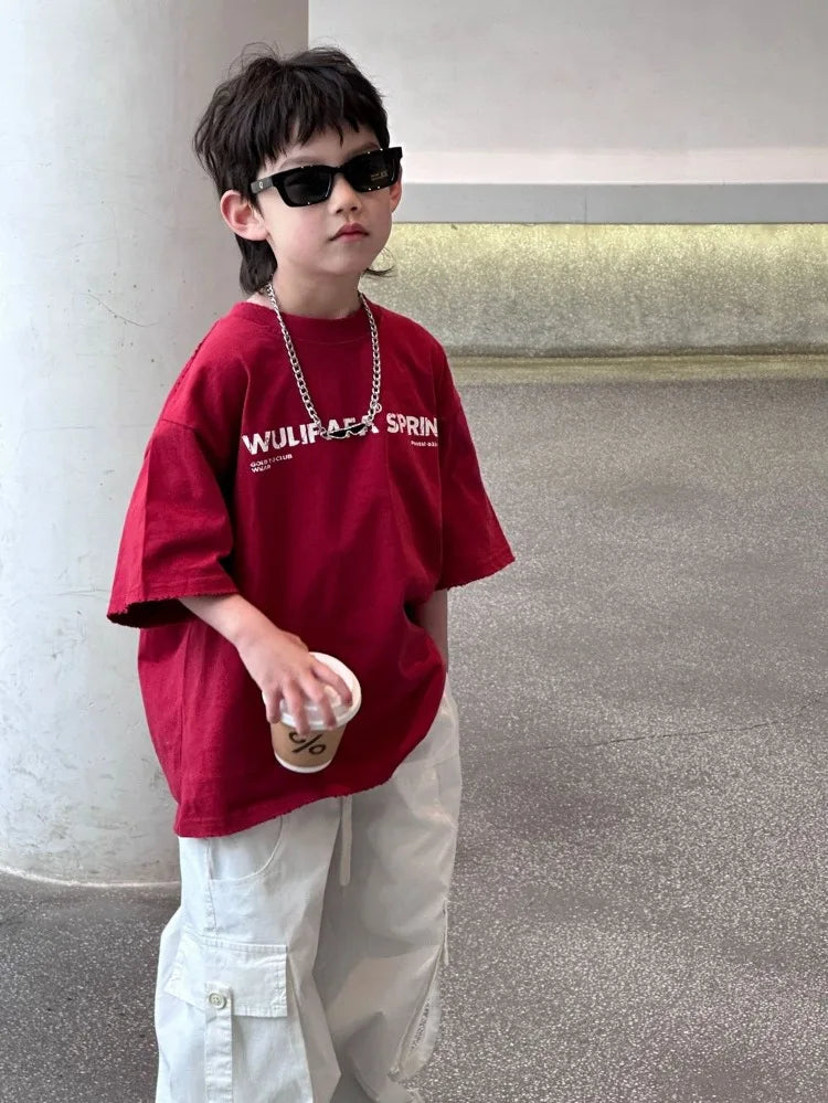 Red Cotton T-Shirt for Tween Boys Girls Loose Fitting Trendy Unisex Summer Top with Embroidered Letters Youthful Casual Wear