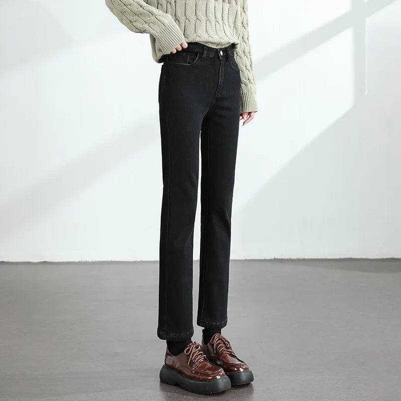 Women's Winter Fleece Warm Jeans Retro Elastic Thickened Comfortable Straight Fashion Korean Casual Female Velvet Denim Pants