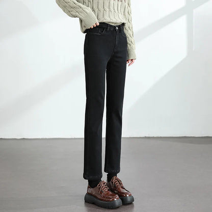Women's Winter Fleece Warm Jeans Retro Elastic Thickened Comfortable Straight Fashion Korean Casual Female Velvet Denim Pants