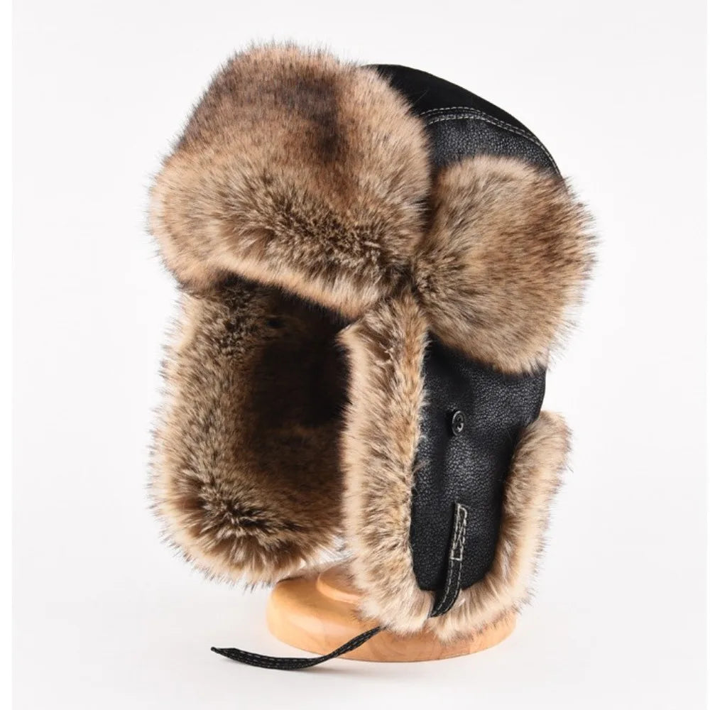 New Leather Winter Hat Faux Fur Lined Pilot Ski Ushanka Thicken Warm Windproof Snow Cap With Ear Flap Men's Hats & Caps