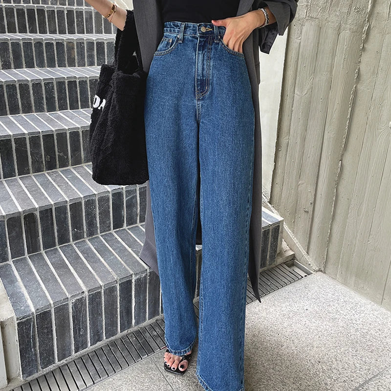 Retro High Waist Straight Leg Blue Jeans Women's Autumn Spring Season Versatile Loose Fit Long Pants Ladies Premium Denim