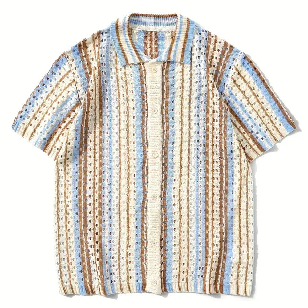 Men's Short Sleeve Summer Fashion Retro Knit Lapel Top Solid Color Soft Breathable Light Polo Knitwear Men US Size