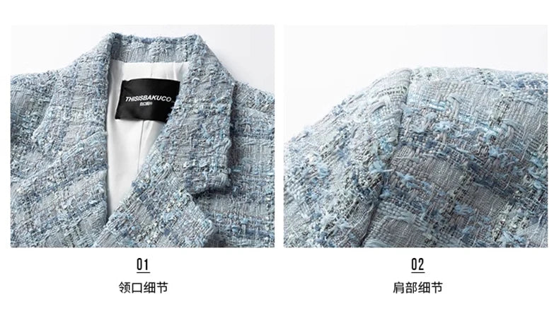Autumn Loose Casual Colorful Blue Tweed Blazers Jacket for Men Long Sleeve Double Breasted Mens Designer Clothes