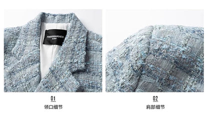 Autumn Loose Casual Colorful Blue Tweed Blazers Jacket for Men Long Sleeve Double Breasted Mens Designer Clothes