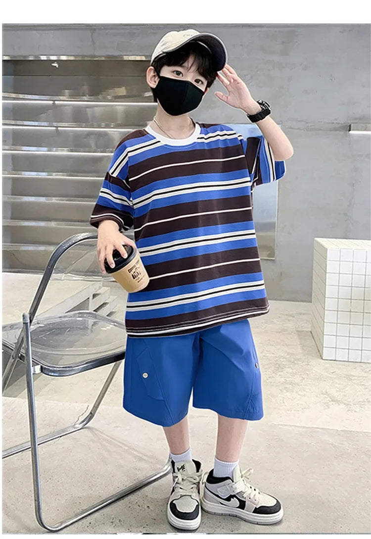 Elegant Children Summer Suit Outfit for Boy Striped Top and Bottom Set Kids Teenagers Cotton T-shirt Shorts 2 Pieces Clothes Set