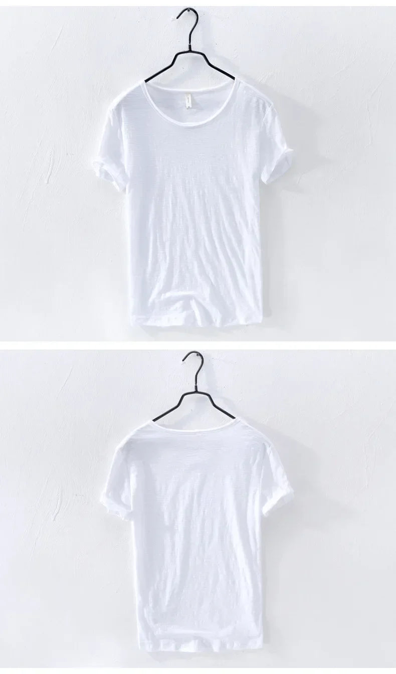 Retro Raw Edge T-Shirt for Men 100% Cotton Lightweight & Breathable Slim-Fit Monochromatic O-Neck Summer Streetwear Essential