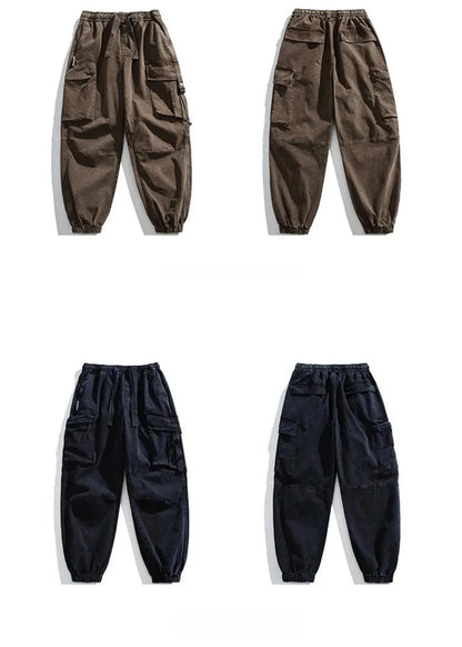 Oversized Baggy Vintage Washed Cargo Pants Men Loose Fit Drawstring Cuffed Retro American Style Streetwear Hip Hop Utility Pants