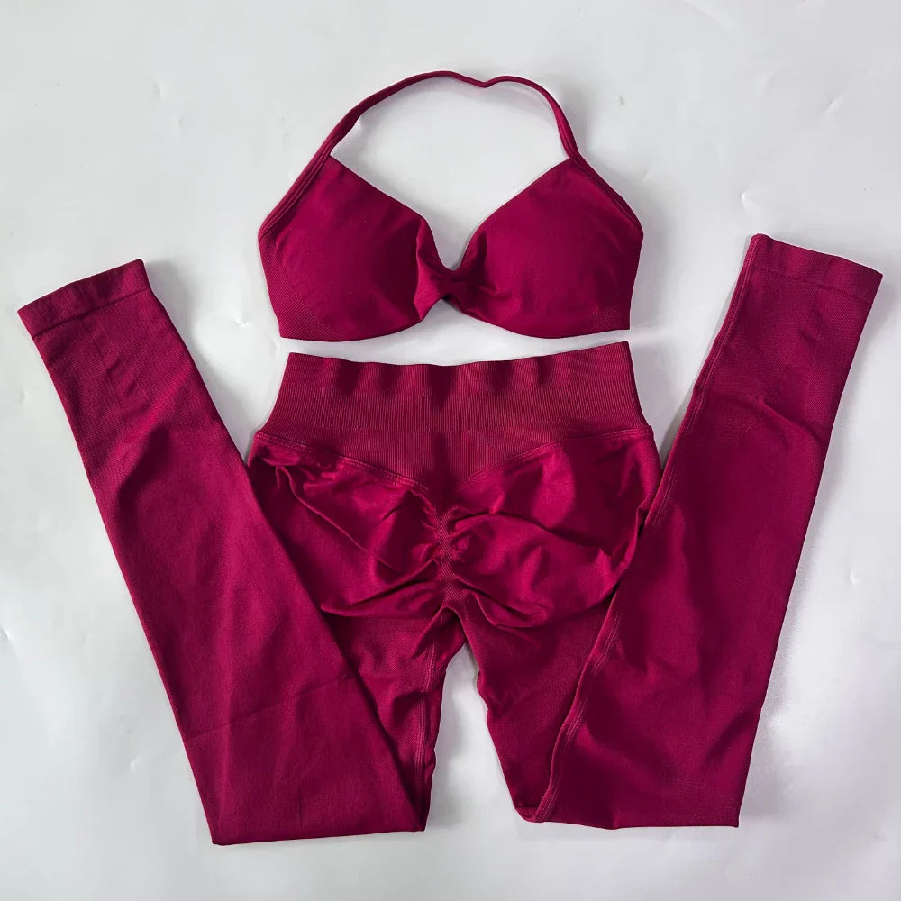 2 Pieces Set For Woman Strappy Yoga Bra Sports Top Workout Leggings Set Seamless Gym Set Fitness Clothes Outfit Activewear