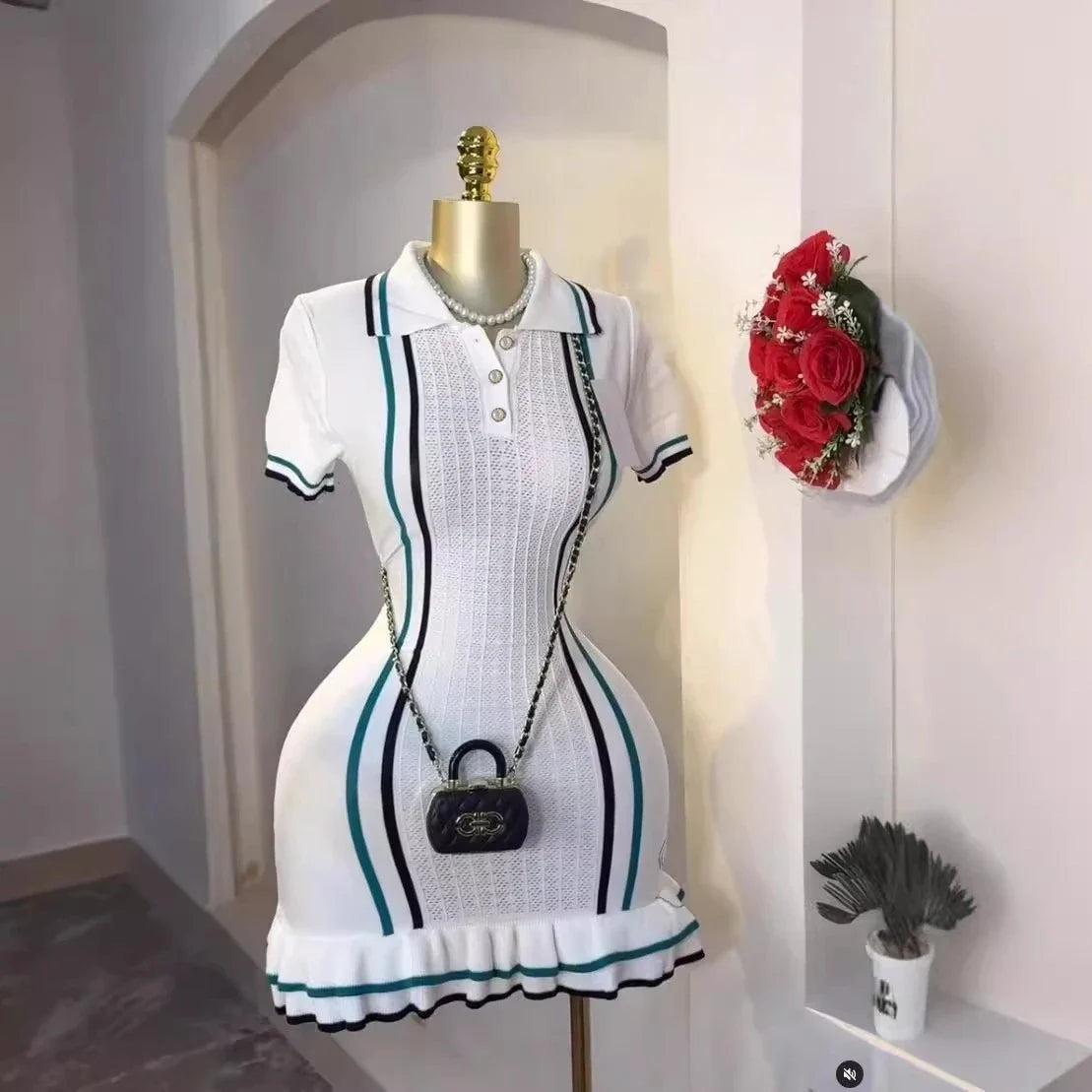 Chic Fashion Sexy Package Hips Knitted Mini Dress 2026 Summer Vintage Turn-down Collar Ruffled Party Dress Streetrwear