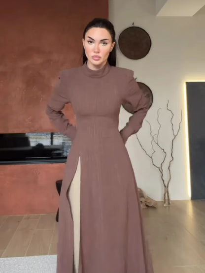 Women's Elegant High Neck Long Sleeve Maxi Dress With Side Slit Shoulder Pad Slim Fit Floor Length Tunic Top Versatile Clothing