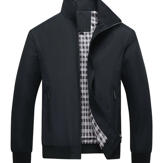 Men's Classic Design Sports Jacket, Casual Baseball Collar Zipper, Spring and Autumn Solid Color, Fashionable Daily Wear Jacket