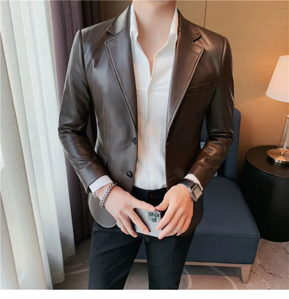 Men's Leather Jacket 2024 Autumn Highend Fashion Solid Slim Fit Business Blazers Coats Korean Casual PU Leather Suit Tuxedo