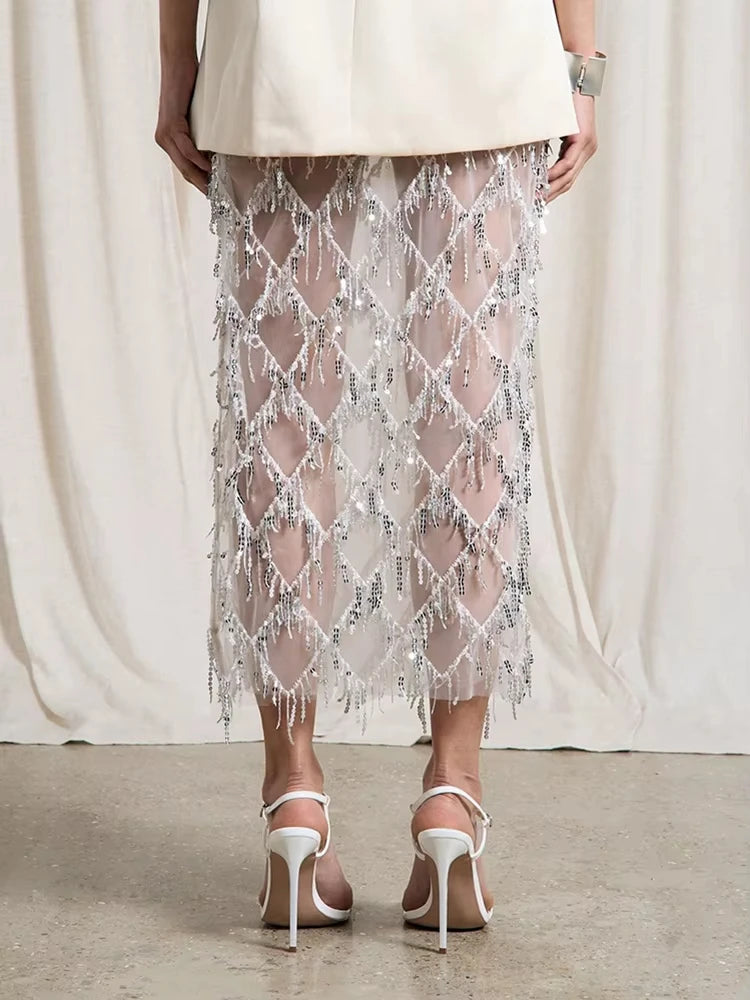 Elegant Club Party Perspective Half Skirt Tassel Sequin Spring Summer Skirt Fashion High Waisted Solid Color Women's Long Skirt