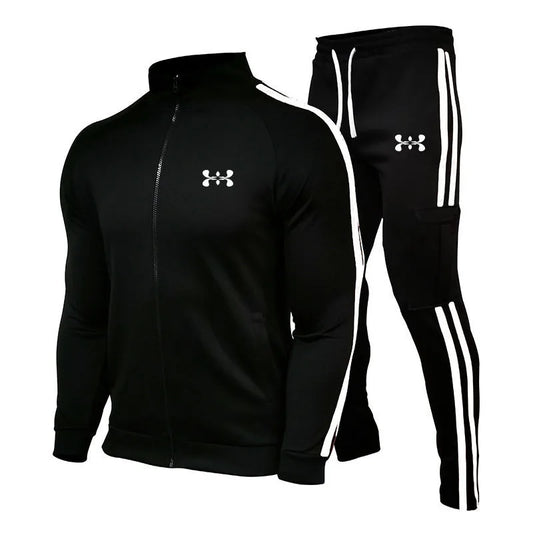 Spring and Autumn Men's Cardigan Striped Stand up Collar Sports Set Outdoor Jogging Cycling Mountaineering Two Piece Set