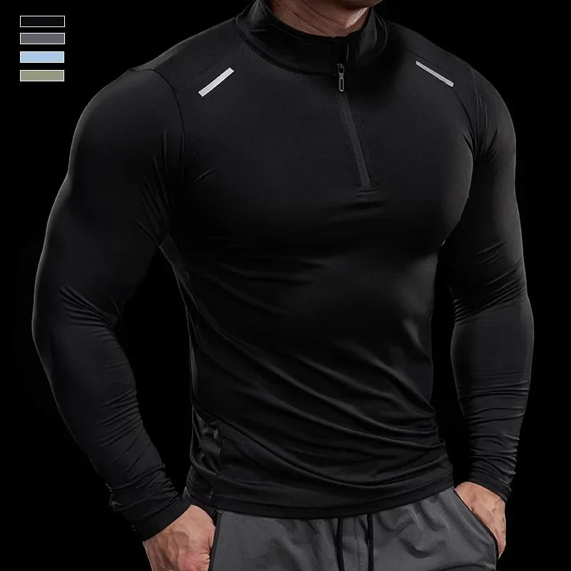 Men Long Sleeve Stand Collar Zipper T-shirt Gym Running Training Fitness Bodybuilding Sport Top Quality Elastic Tight Tops Tees