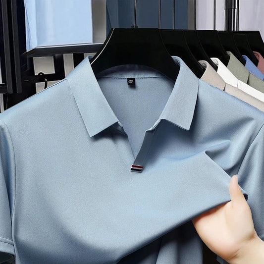 High quality brand solid color V-neck short sleeve polo shirt men summer fashion simple casual ice silk breathable lapel T-shirt