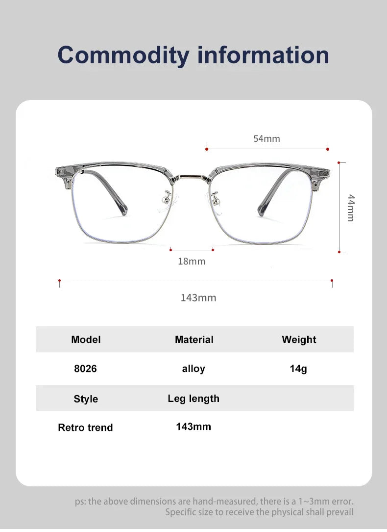 Square Men's Business 8026 Anti-Blue Light Classic Retro Anti-Blue Light Reading Glasses Women Prescription Customized