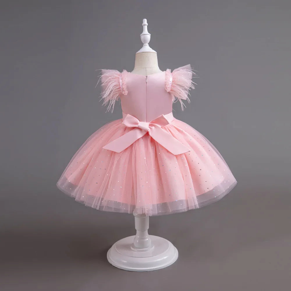 Summer Girls' New Bow Sequin Flying Sleeves Mesh Fluffy Skirt Piano Competition School Graduation Ceremony Dress