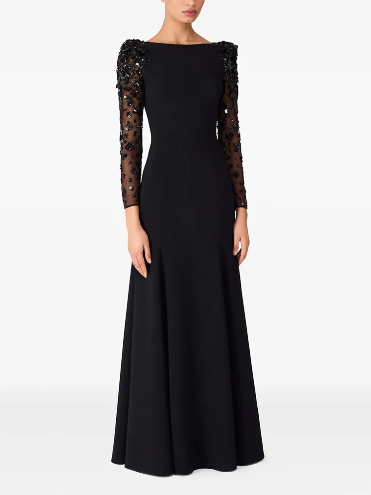 HIGH STREET Newest Fashion 2026 Designer Party Vestido Women's Spliced Mesh Diamonds Beaded Long Sleeved Maxi Long Dress