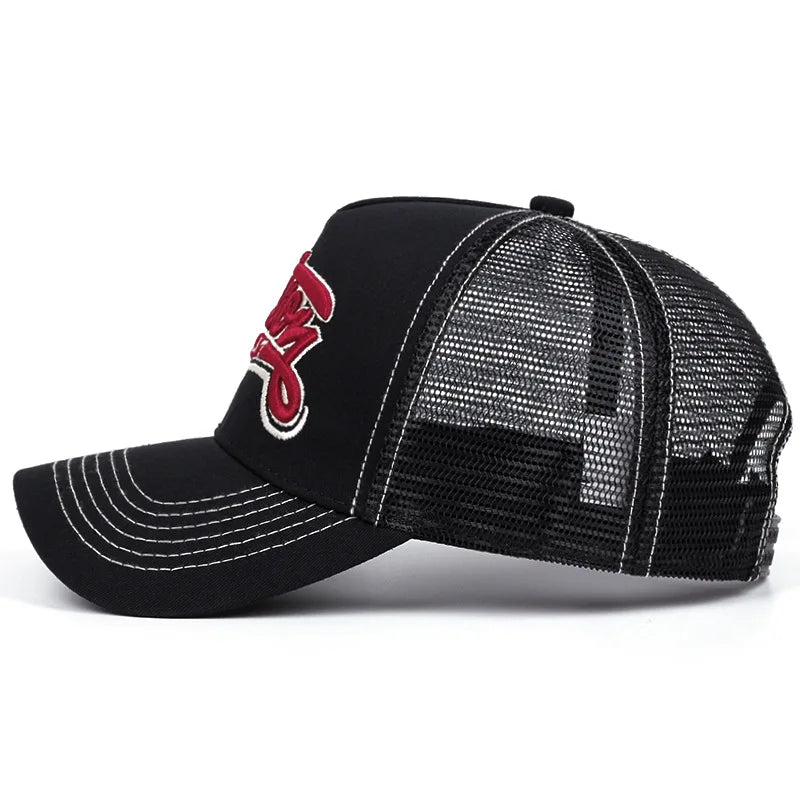 New Unisex American Locomotive Letter Embroidery Baseball Hats Sunshade Color Block Breathable Retro Trucker Caps Versatile Mesh
