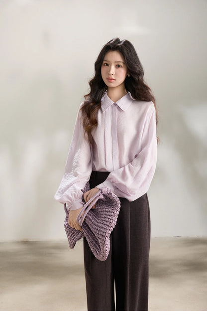 Women's Lapel Lantern Sleeve Shirts 2026 Spring Lace Trim Casual Loose Breathable Solid Shirt Office Lady MXF13C2436